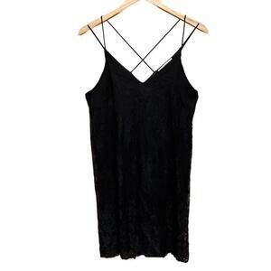LUSH Dress Womens Medium Black Lace Mini Shift Sleeveless Strappy